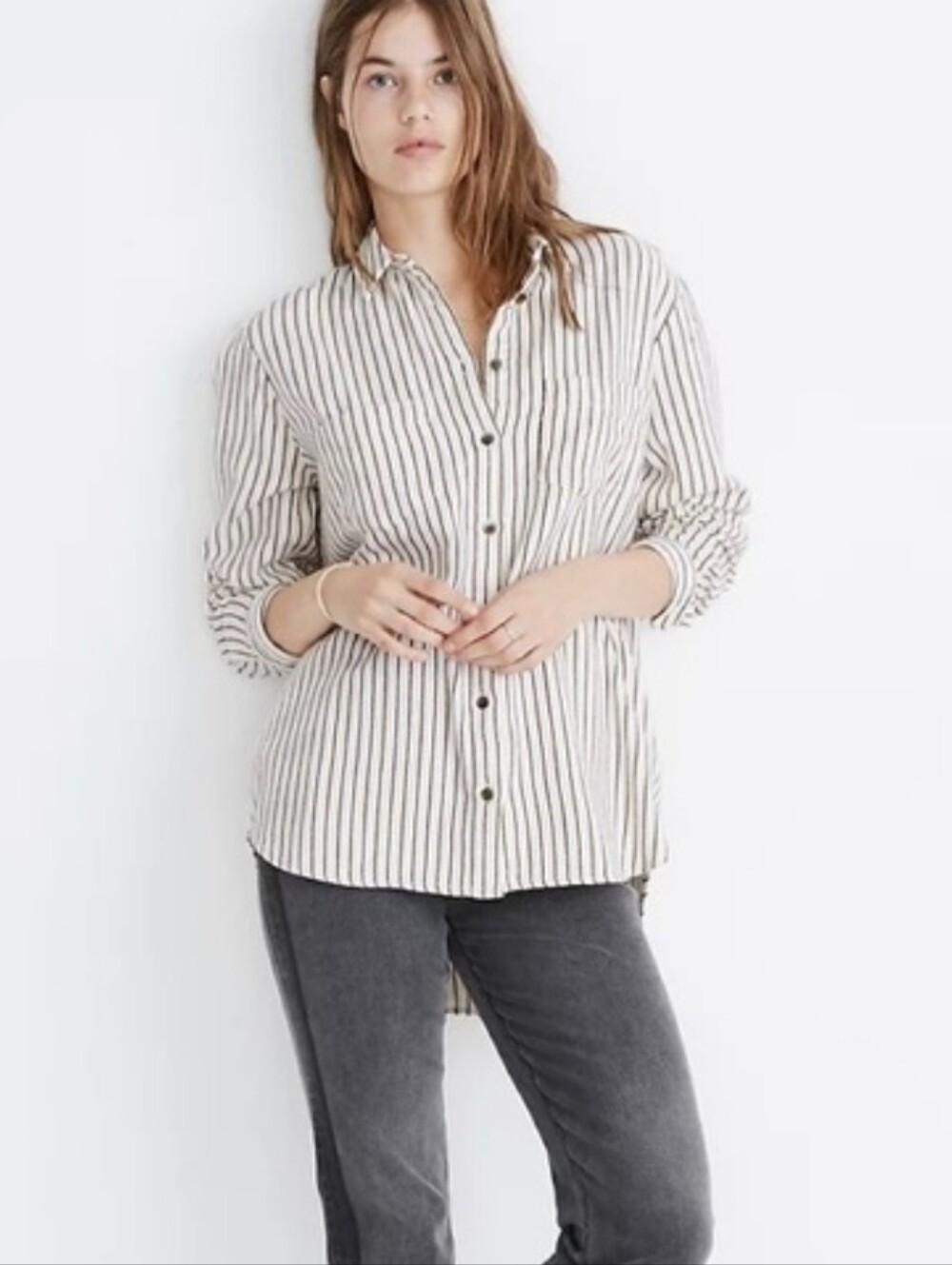 Madewell Flannel Sunday Shirt Shacket Brown Stripe